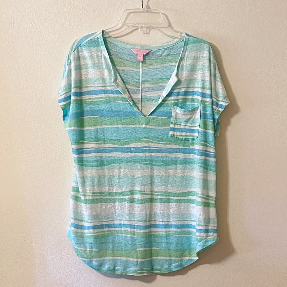 Lilly Pulitzer Top Duval Blue White Green Stripe Notch Neck Shirt XS